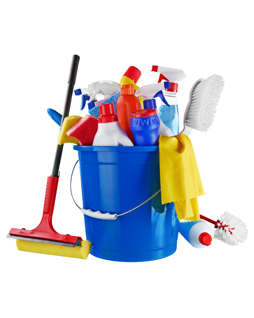 Ein blauer Eimer gefüllt mit Reinigungsutensilien, darunter Sprayflaschen, Schwämme, Bürsten und einen Wischmopp.