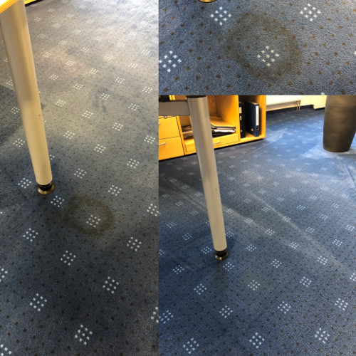 Zwei Fotos zeigen einen Tischbein auf einem Teppich mit einem dunklen Fleck, der in der rechten Bildhälfte größer und ausgebreiteter erscheint.